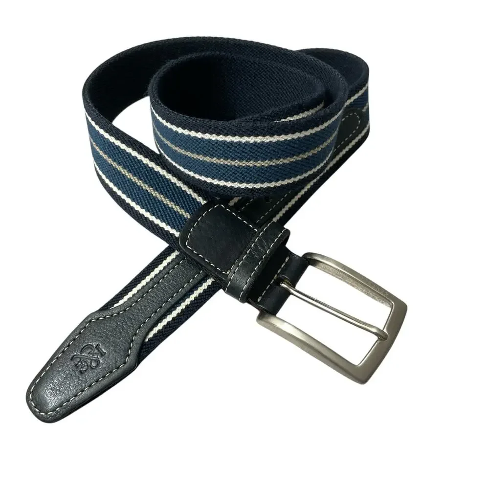 Kent and Curwent Belt 90cm Mens Blue Cotton Leather Preppy Silver Buckle Stripe